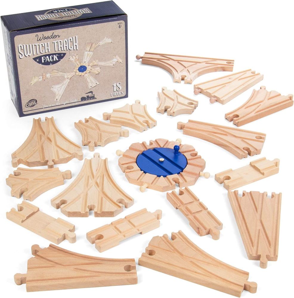 Switch Track Wooden Train Set (18 pcs.) - 8 Way Turntable Rail Station Accessory, Curved Switch Tracks, Basic and Advanced Pieces  - Conductor Carl