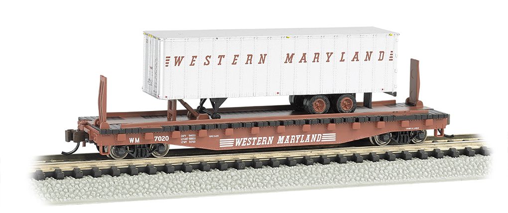 Western Maryland® 52ft flat car w/ WM 35ft Trailer