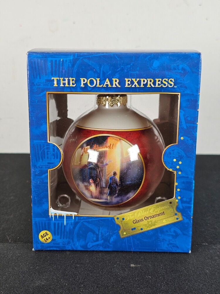Polar Express  All Aboard Red White Glass Bauble