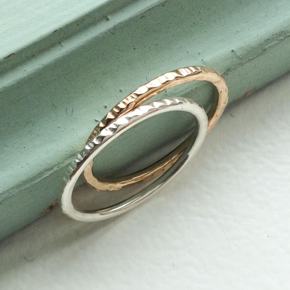 Sterling Silver and Gold fill Hammered Ring Set
