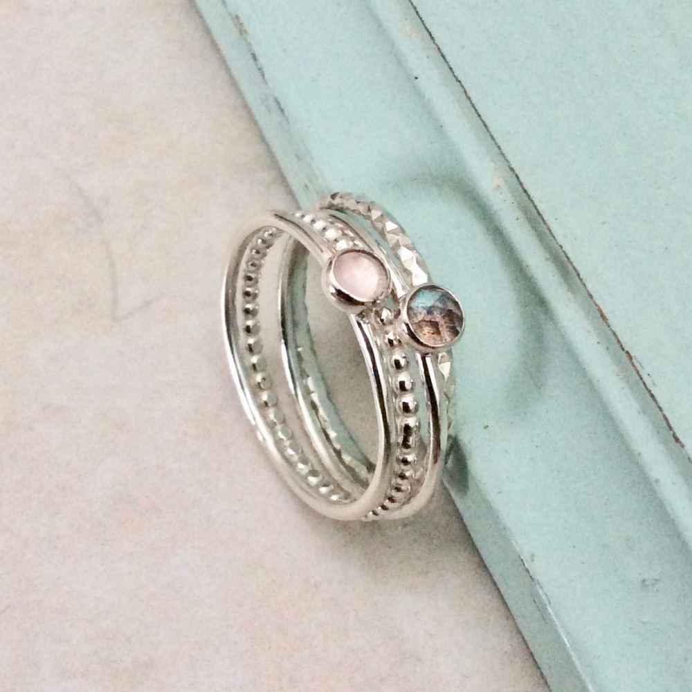 <!--13-->Labradorite and Rose quartz stacking ring set
