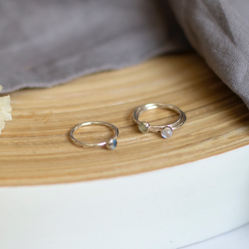 Semi precious thin silver ring