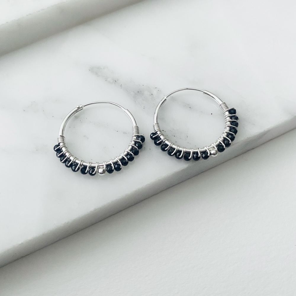  Mini Black Spinel Wrapped Hoops