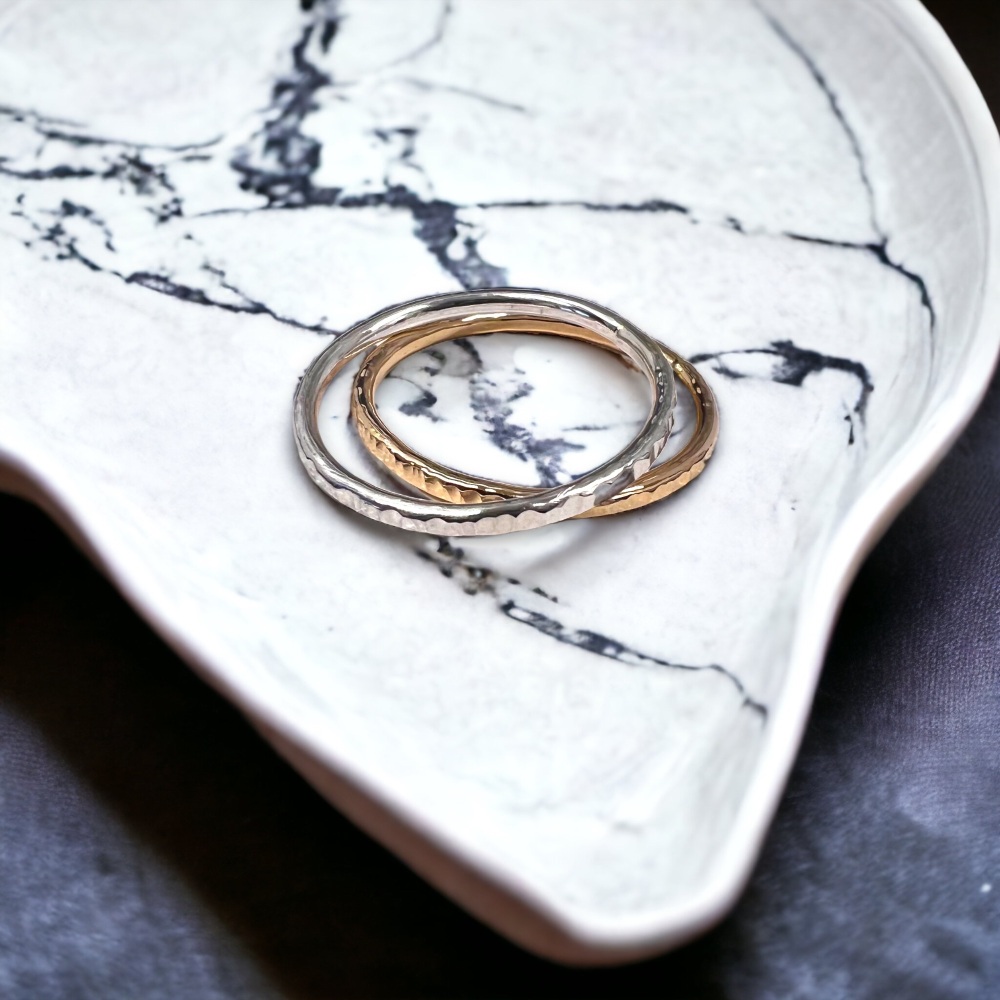 Sterling Silver and Gold fill Hammered Ring Set