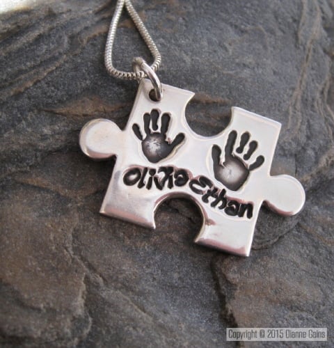 LARGE DAINTY JIGSAW PIECE- Handprint 2/3 Siblings Pendant (Includes engravi