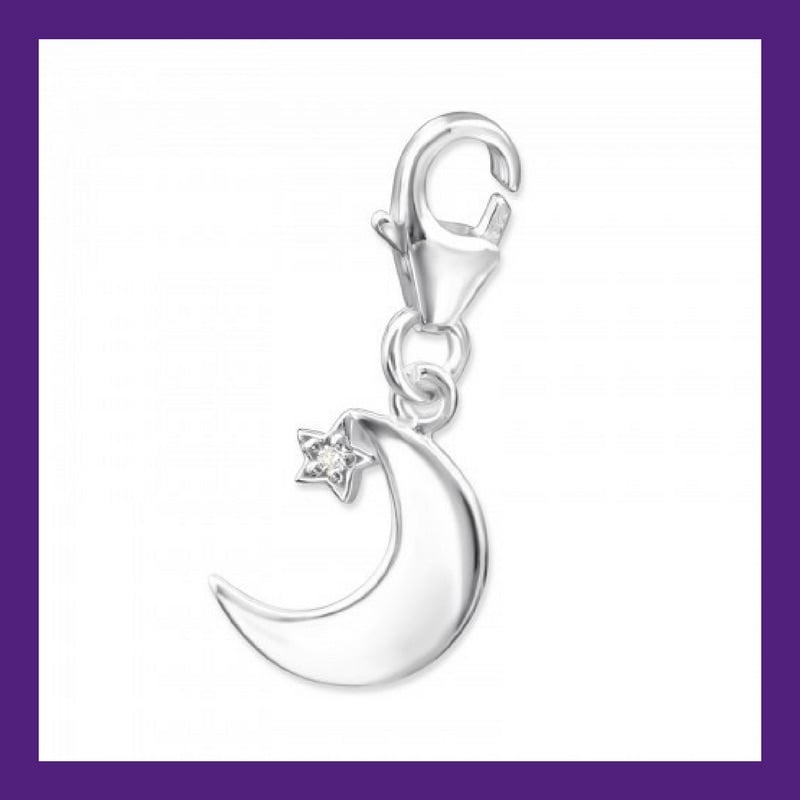 STERLING SILVER MOON & TWINKLING BRIGHT CUBIC ZIRCONIA STAR CHARM, set on a lobster clasp as standard or change to a pandora suitable attachment or re