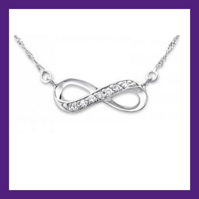 INFINITY NECKLACE - Stunning sleek sterling silver, adorned with sparkly cubic zirconias,  Necklace length 18"  Pendant Size: 17mm x 6mm