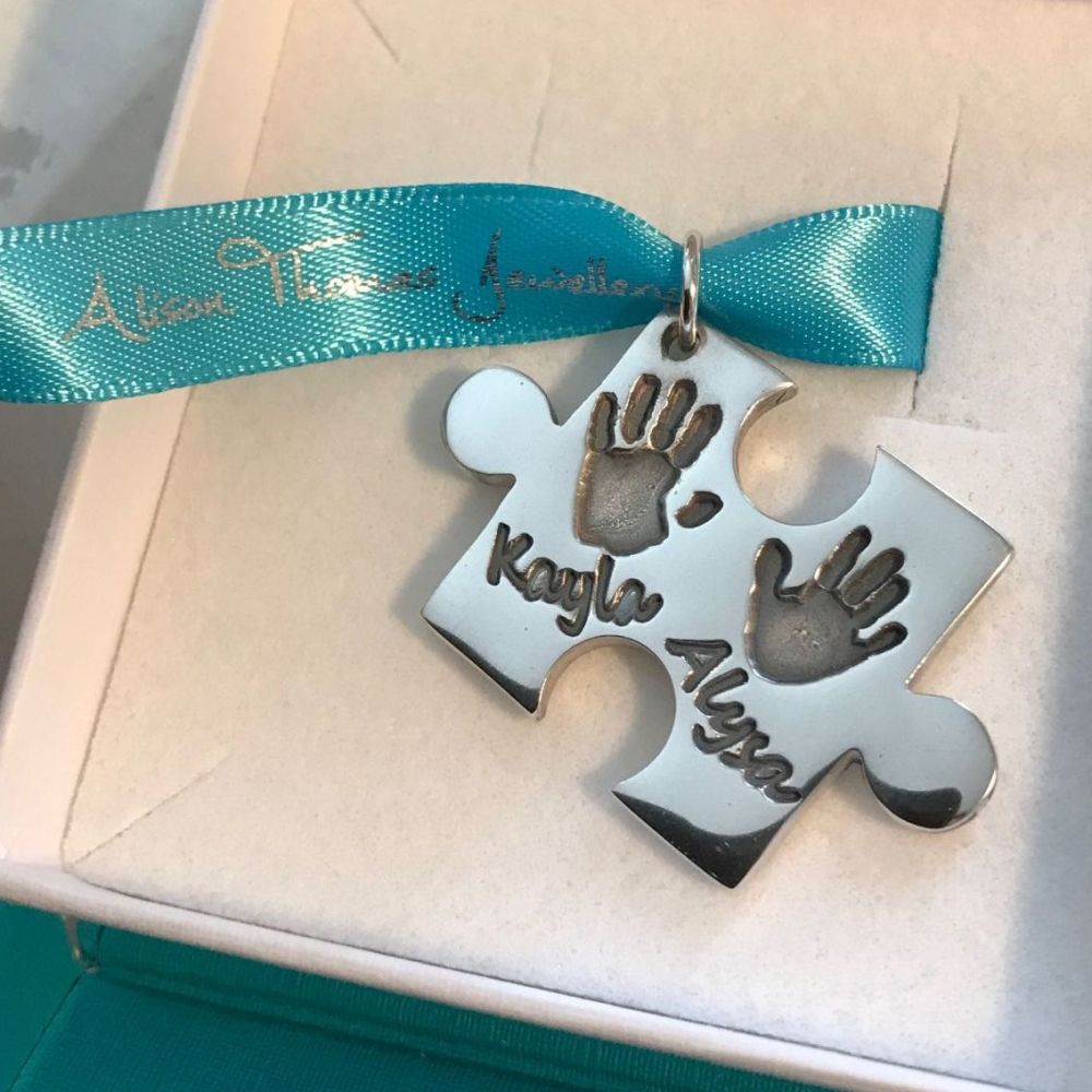 XLARGE DAINTY JIGSAW PIECE- Handprint 2/3 Siblings Pendant (Includes engrav