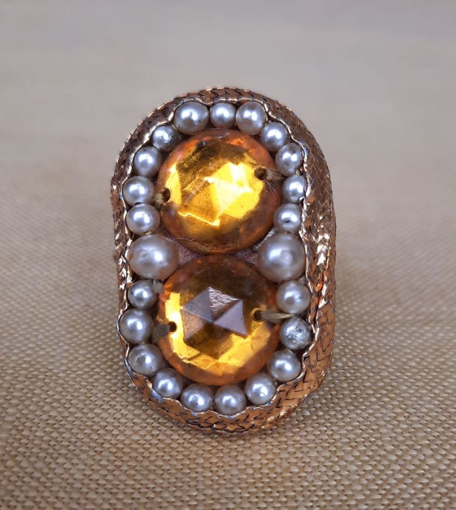 Theatrical Costume Ring- Amber Coloured Stones and Faux Pearls