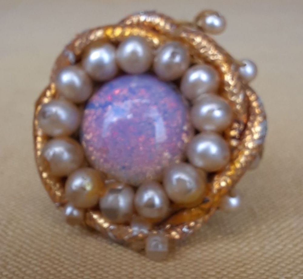 Theatrical Costume Ring- Faux Opal and Faux Pearl