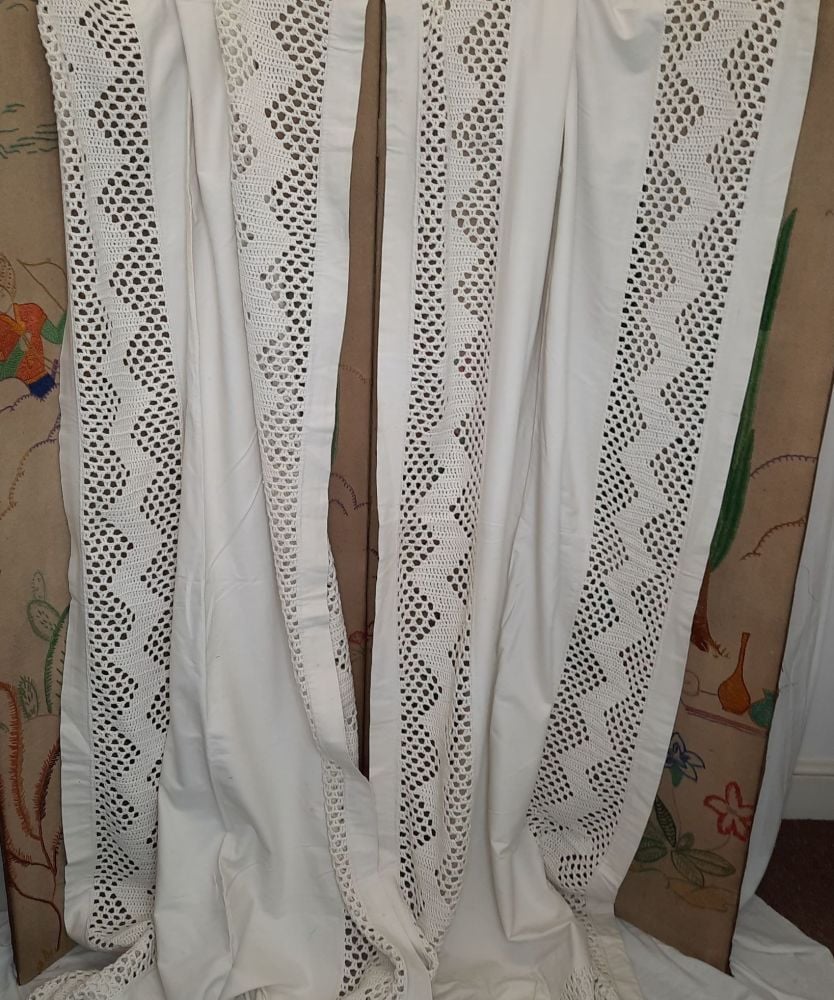 Pair of Edwardian Curtains with Crochet Panel