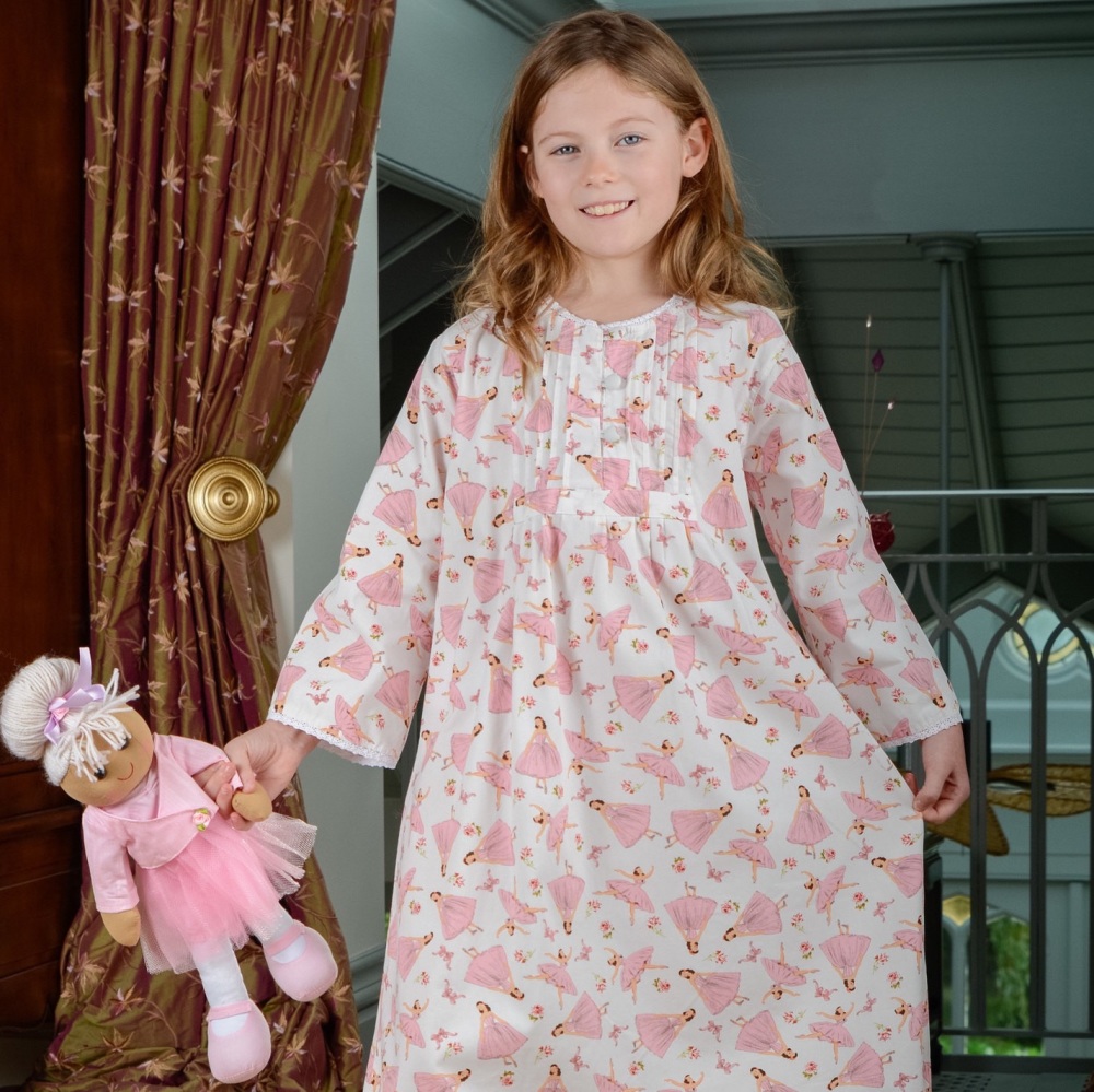 Girl's long sleeved printed cotton nightdress with ballerina design