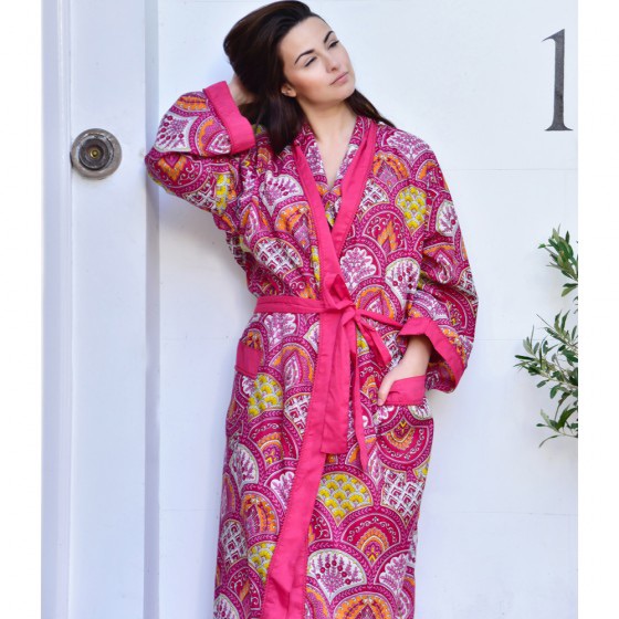 Cotton Dressing Gown - Raspberry Paisley