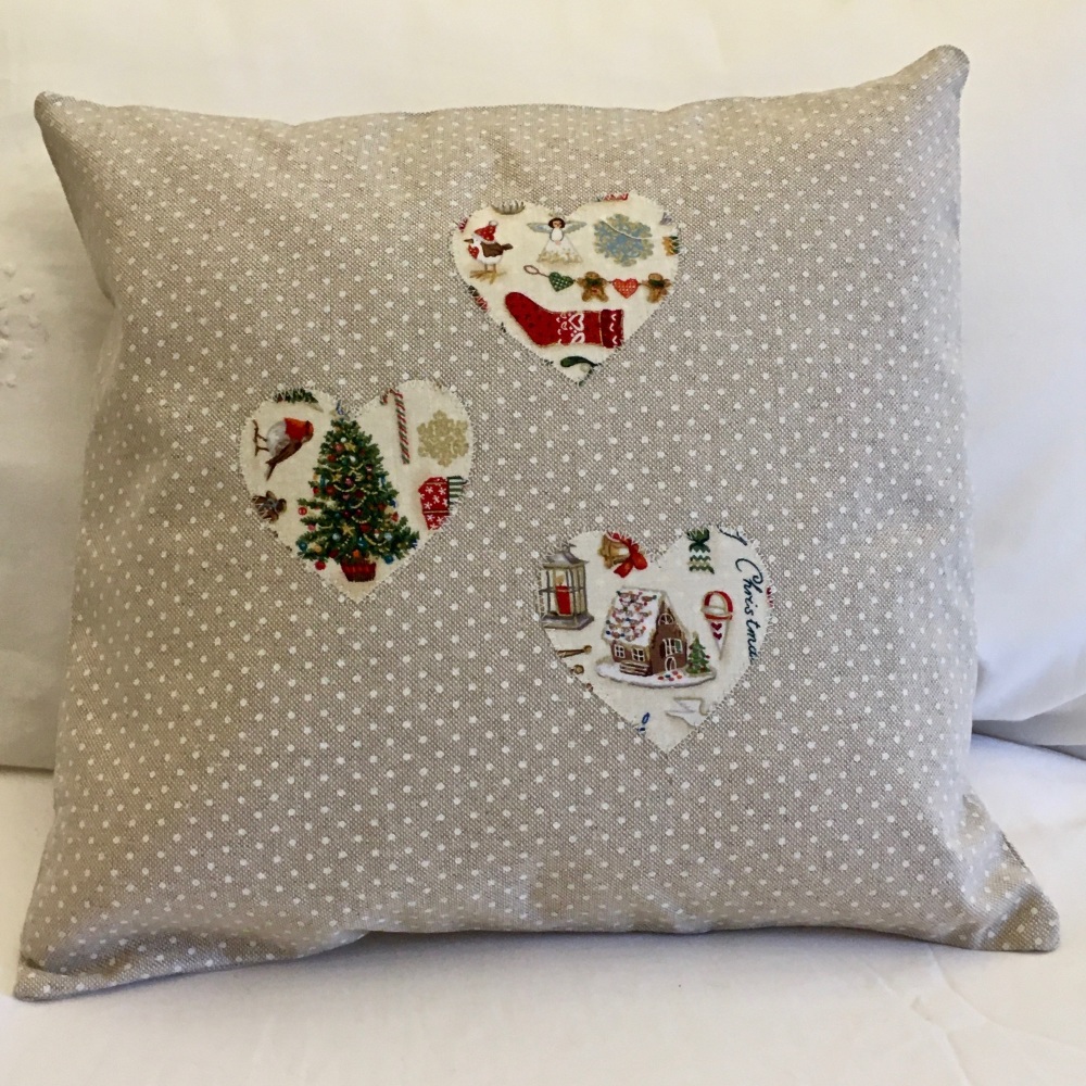 Three Christmas Heart Applique Cushion - Front View