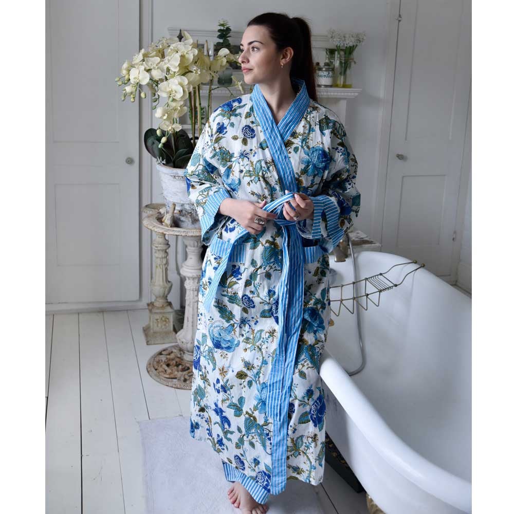 Cotton Dressing Gown - Blue Rose