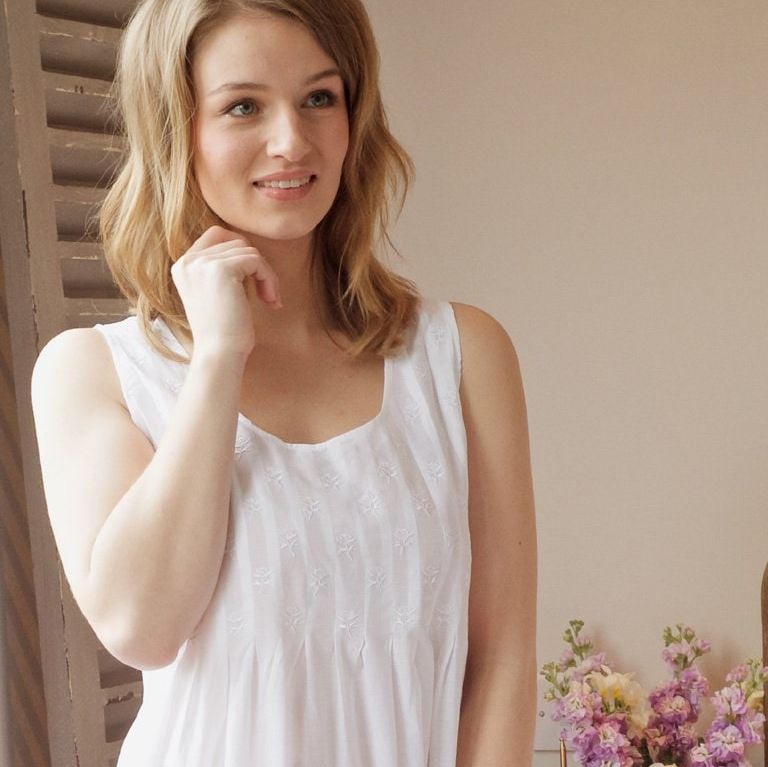 Sleeveless, Elegant White Cotton Nightdress With White Embroidered Bodice - Lizzie