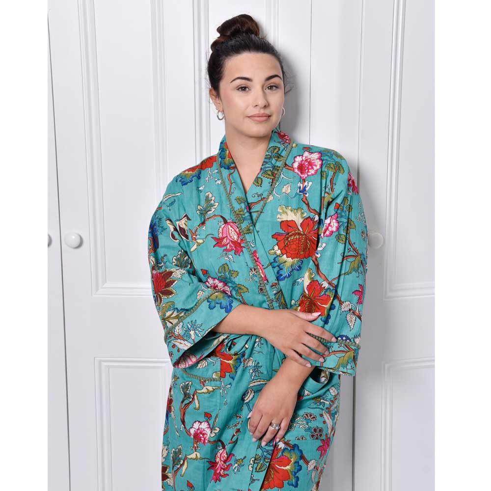 Cotton Dressing Gown - Teal Exotic Flower