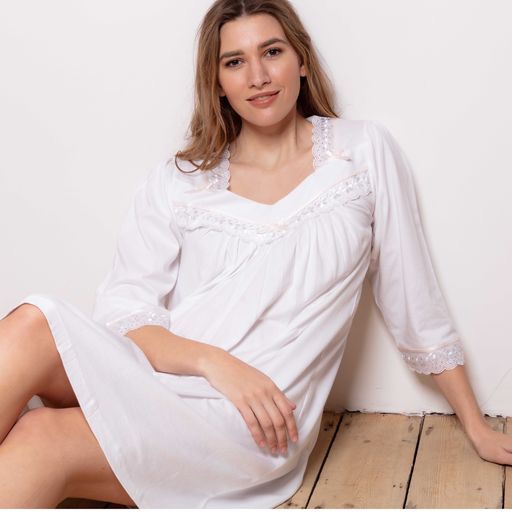 Long Sleeved White Cotton Nightdress in Luxe Cotton Jersey - Ade