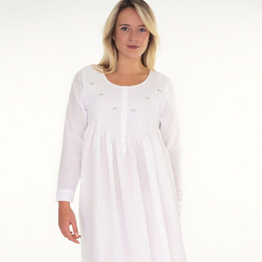 Long Sleeved Cotton Nightdress - Smocked