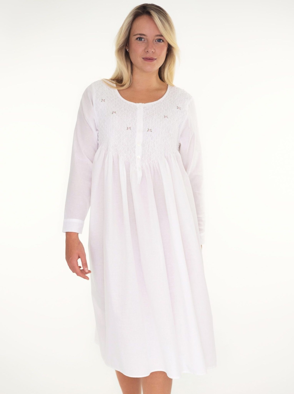 Long Sleeved Cotton Nightdress - Smocked