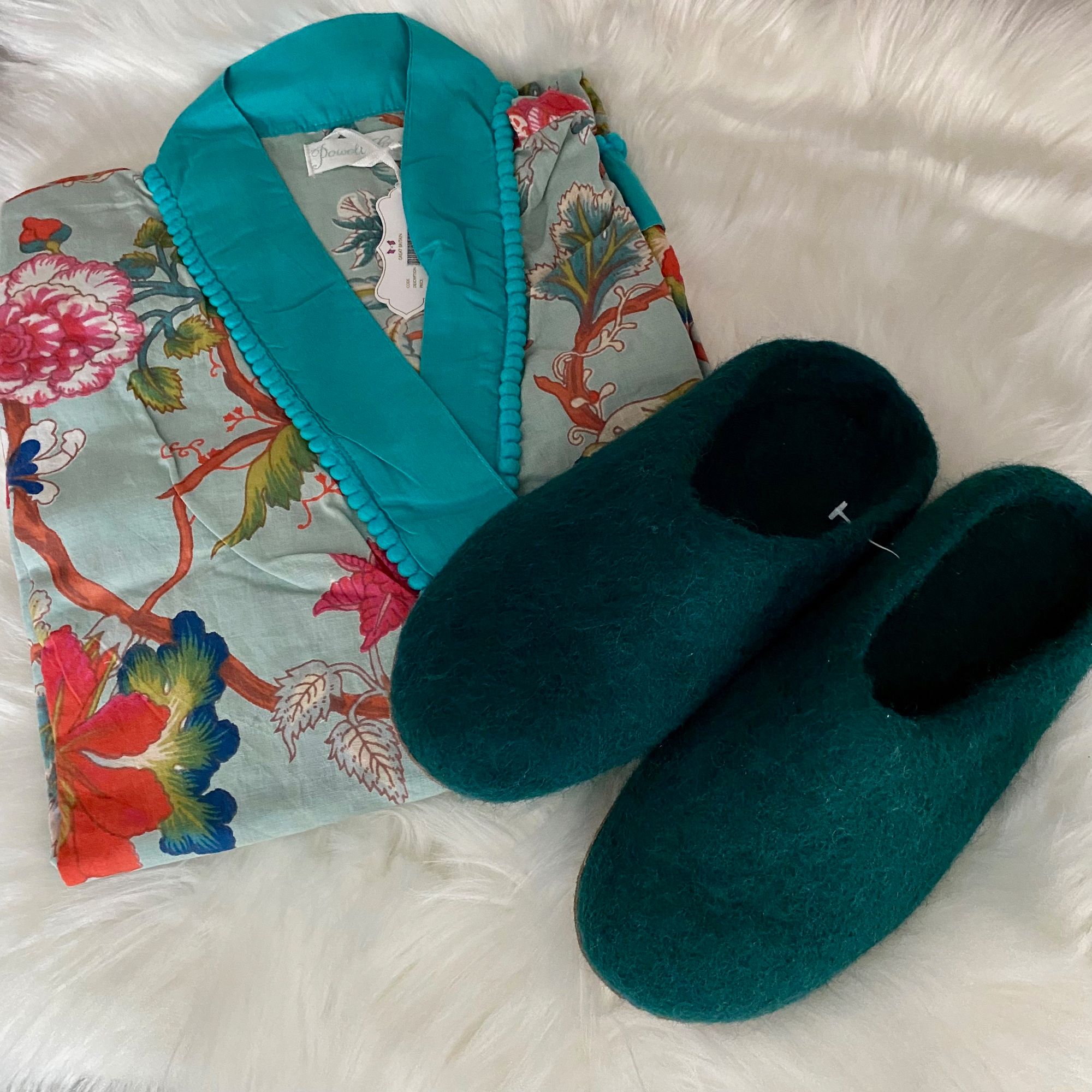 Teal Green Slippers & Blue Floral Dressing Gown