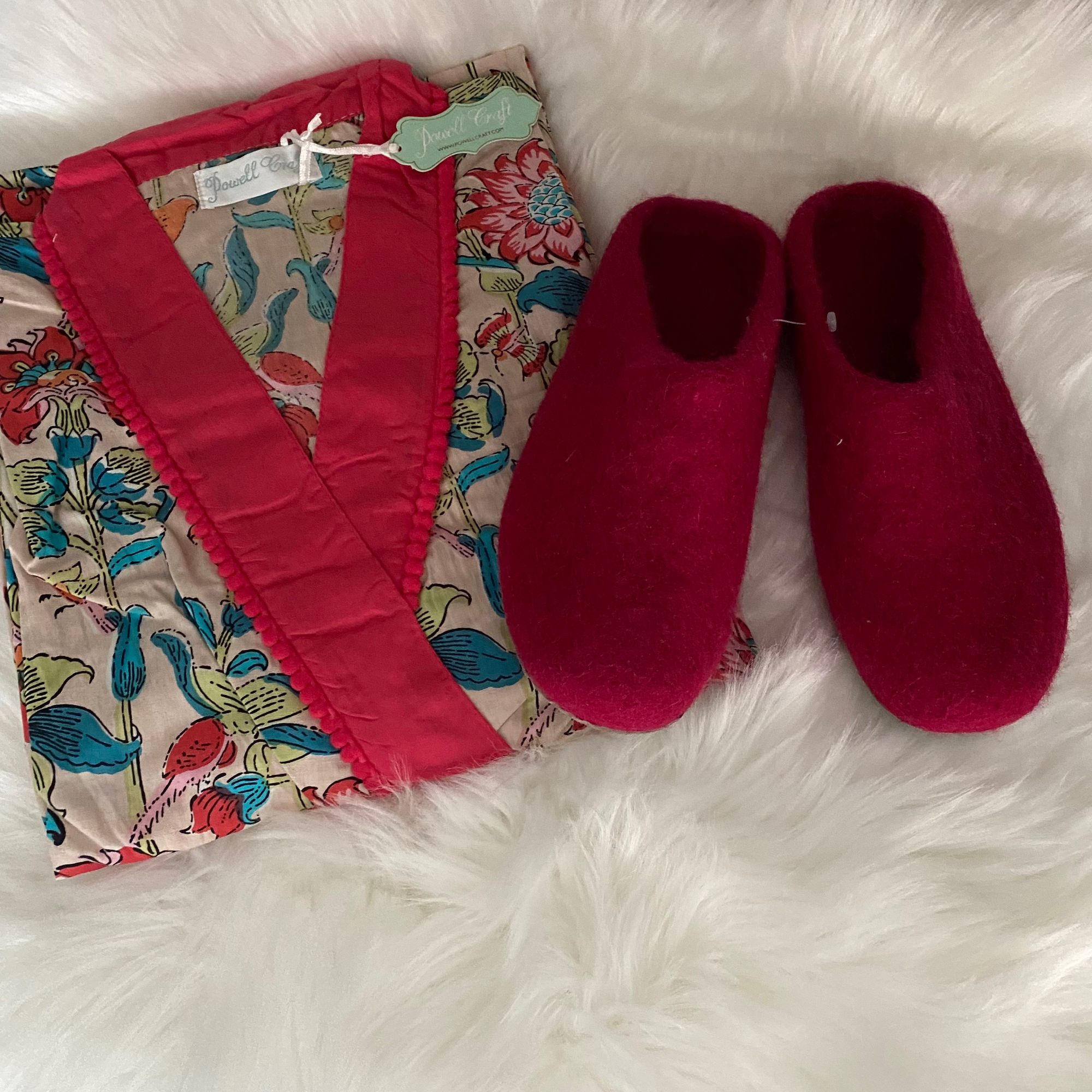 Pomegranate Pink Felted Slippers & Floral Garden Dressing Gown
