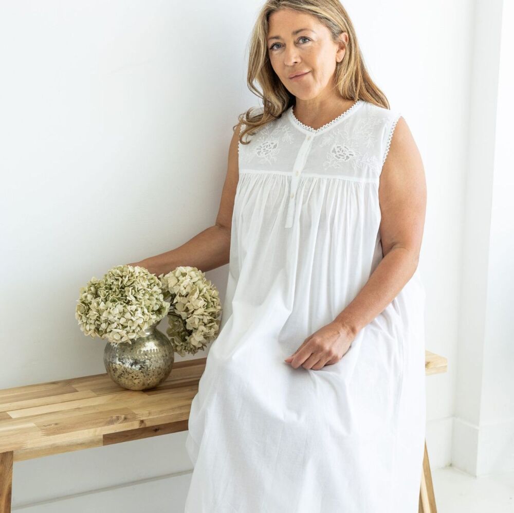 Sleeveless, Knee Length, Front Opening Cotton Nightdress - Molly
