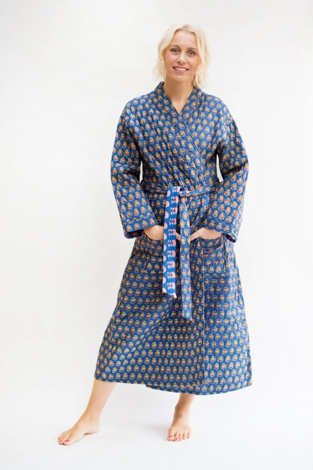 Quilted Cotton Dressing Gown - Navy