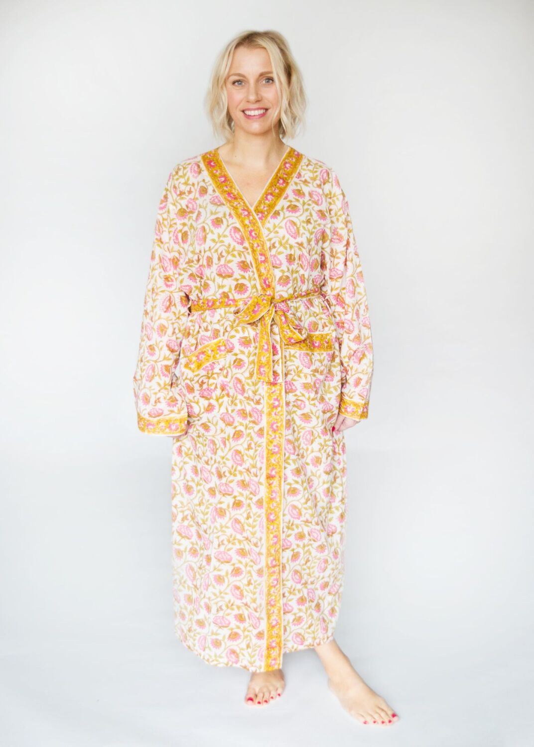 Cotton Dressing Gown - Pink & Ochre