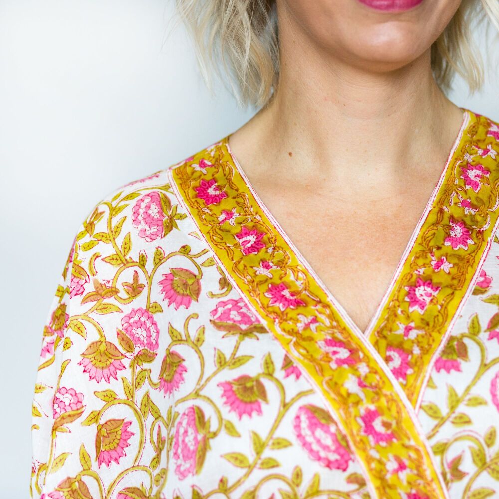 Cotton Dressing Gown - Pink & Ochre