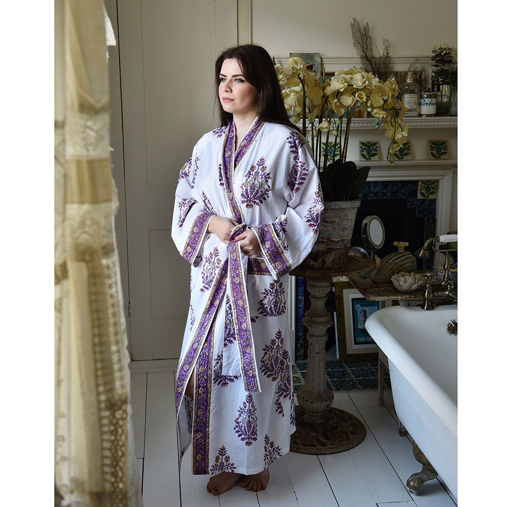 Cotton Dressing Gown - Purple Block Print