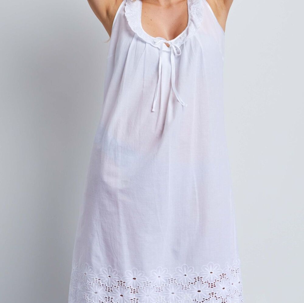 Sleeveless White Cotton Nightdress  With A Pretty Frilled Round Neckline- Dee