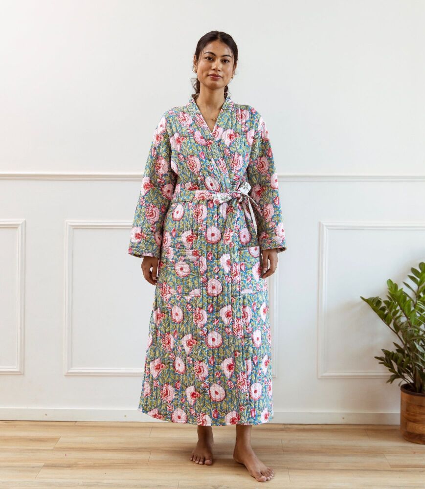 Quilted Cotton Dressing Gown - Blue & Pink Floral