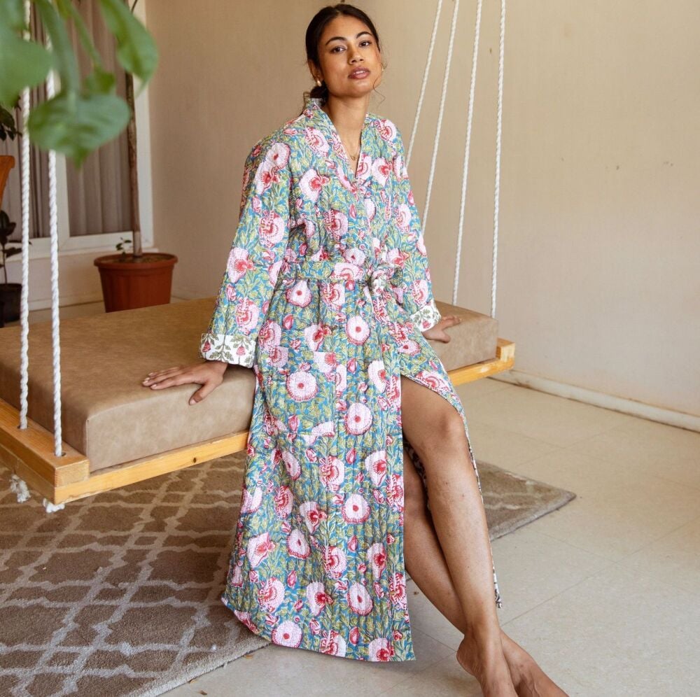 Cosy Quilted Cotton Dressing Gown - Blue & Pink Floral