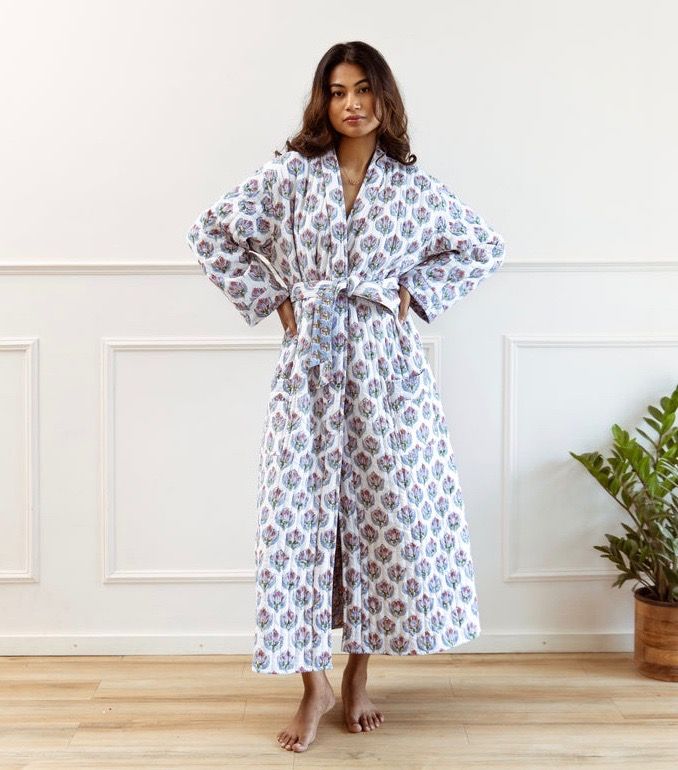 Quilted Cotton Dressing Gown - Pink & Blue Bhuti Print