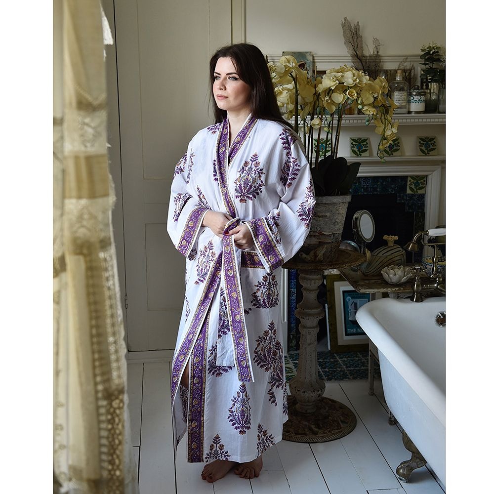 Cotton Dressing Gown - Purple Block Print