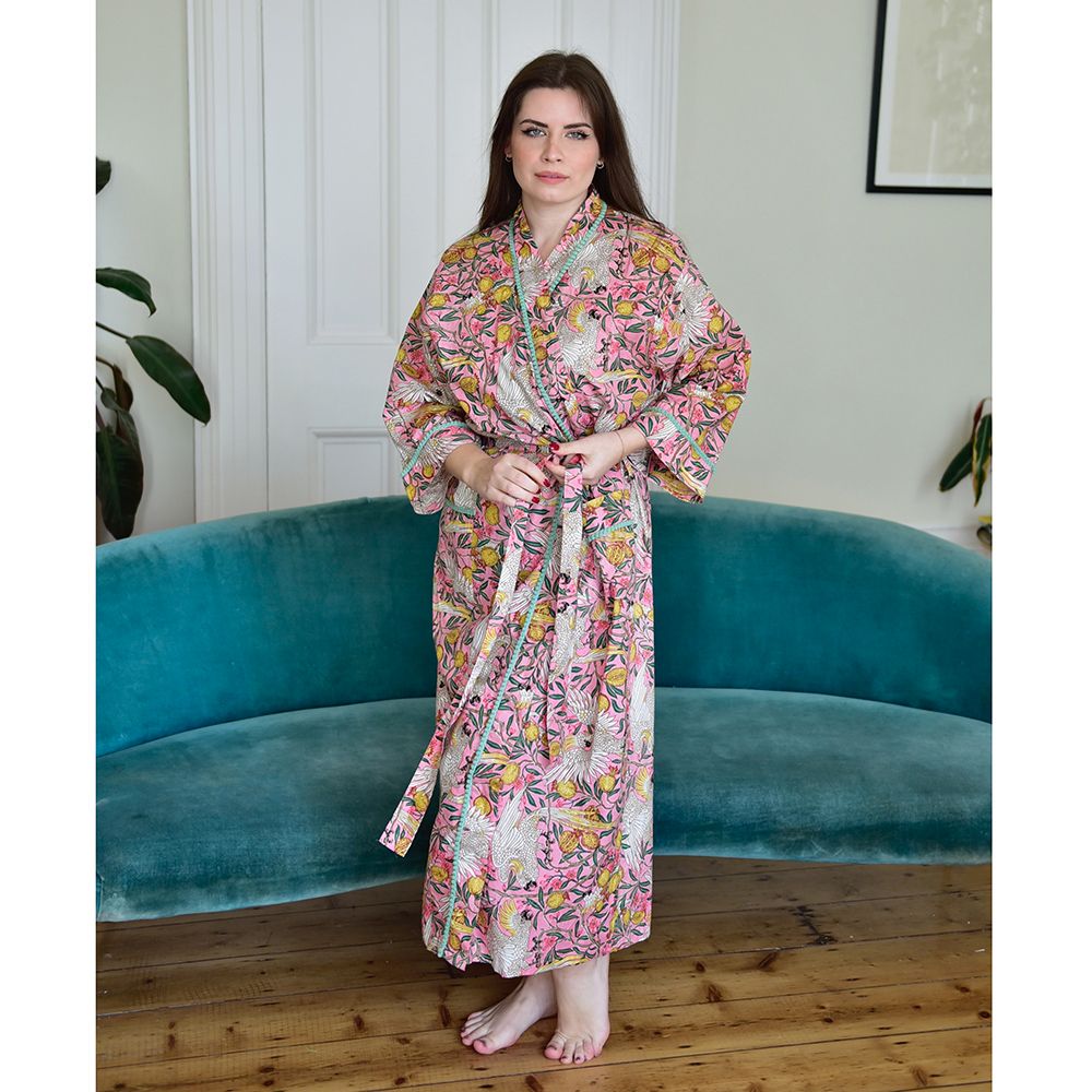 Cotton Dressing Gown - Pink Tropical Bird