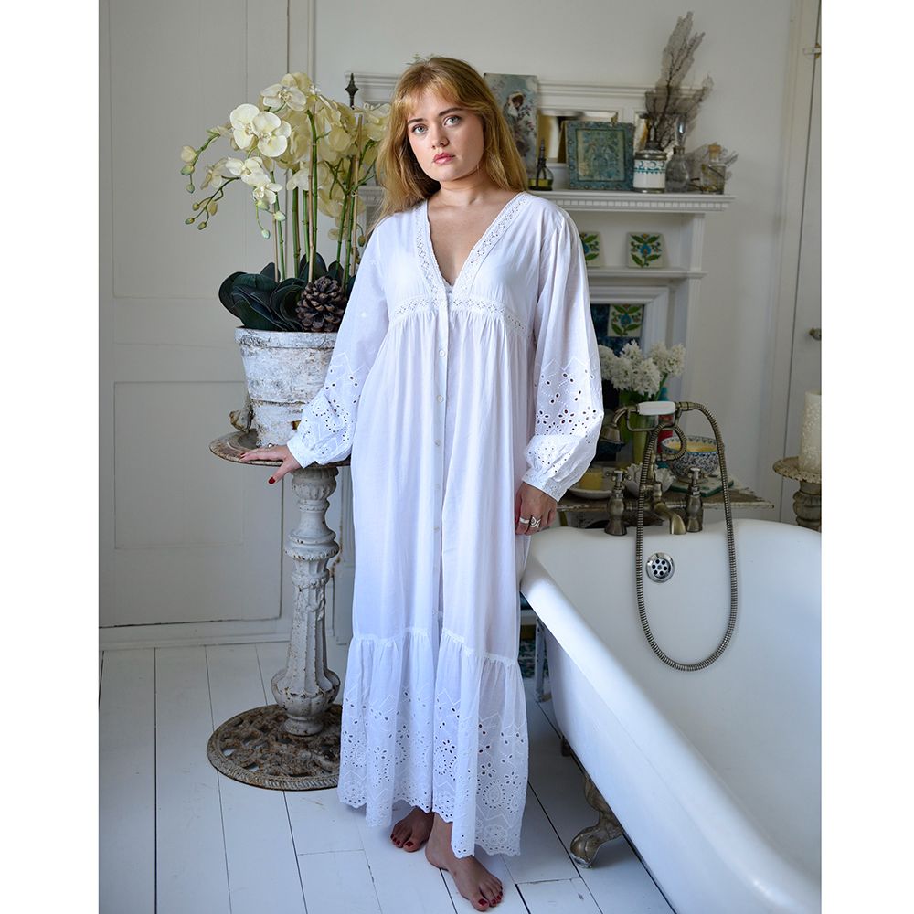 Long Sleeved White Cotton Nightdress with Deep Lacy Borders - Clarissa