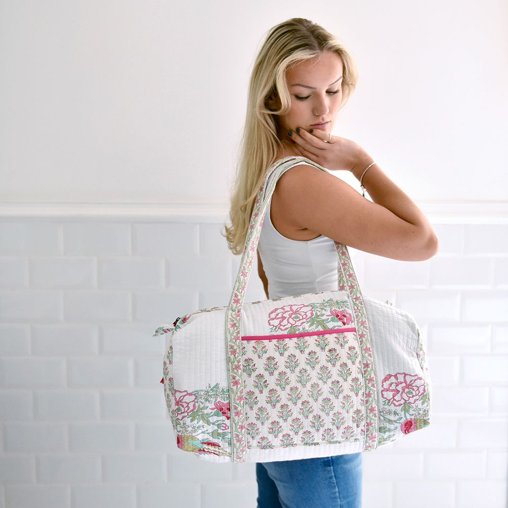 Quilted Cotton Holdall - Pink & Mint Green