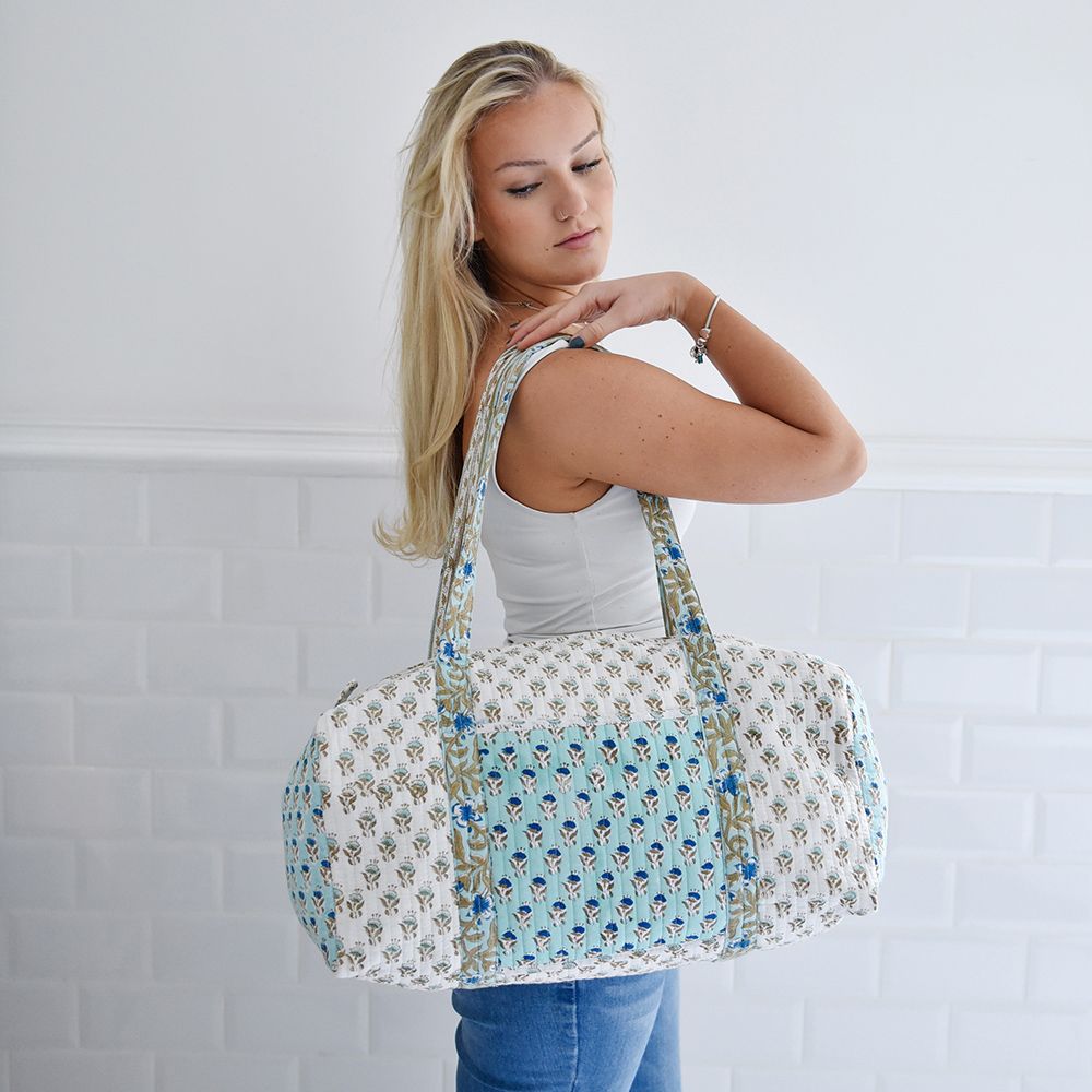 Quilted Cotton Holdall - Aqua Blue & Cream