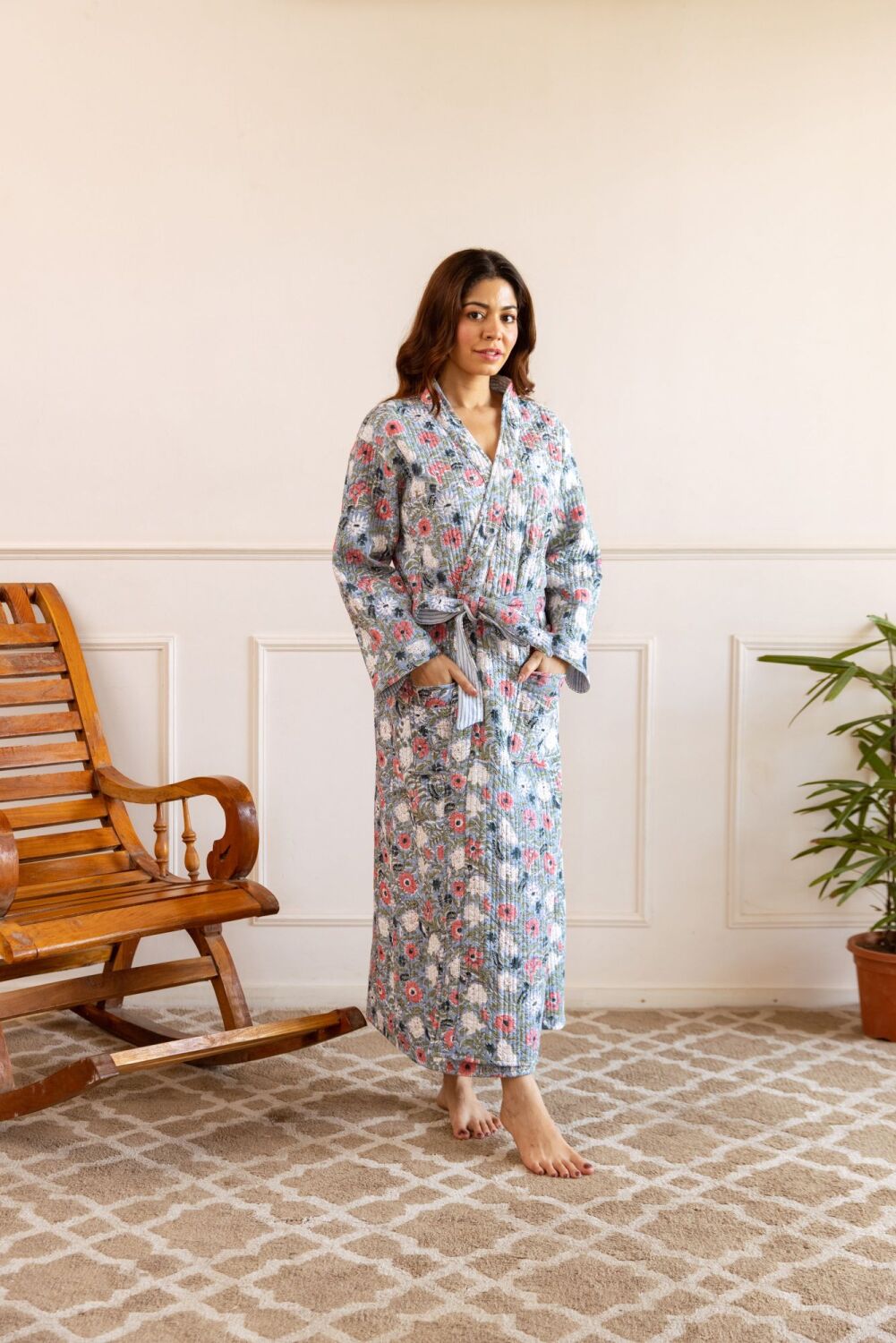 Cosy Quilted Cotton Dressing Gown - Meadow Garden