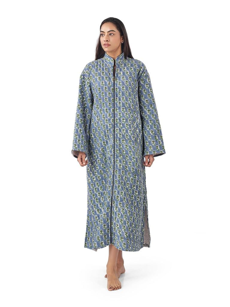 Reversible Quilted Cotton Zip Fronted Dressing Gown - Blue