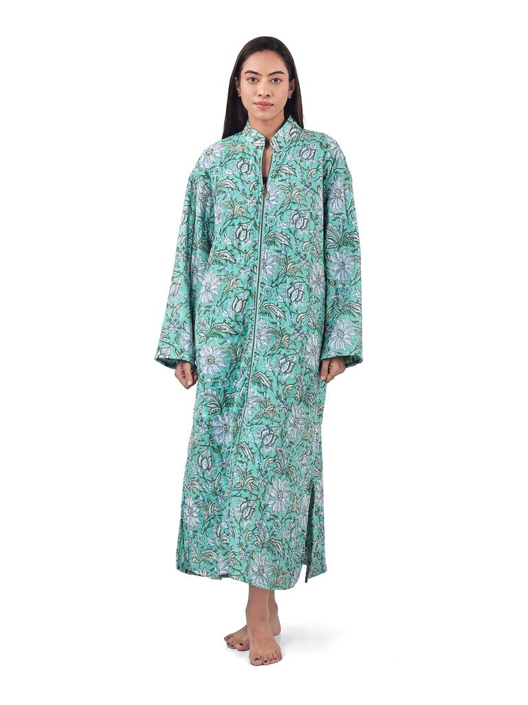 Reversible Quilted Cotton Zip Fronted Dressing Gown - Green