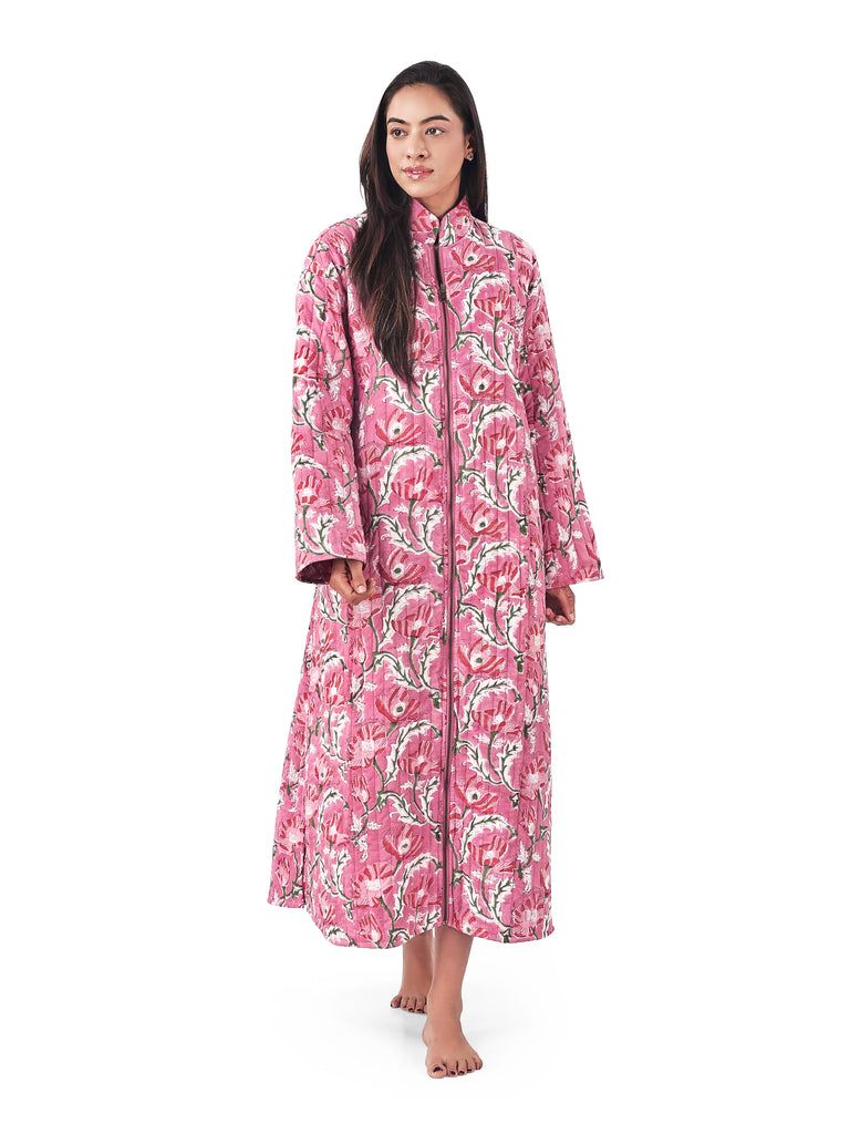 Reversible Quilted Cotton Zip Fronted Dressing Gown - Pink