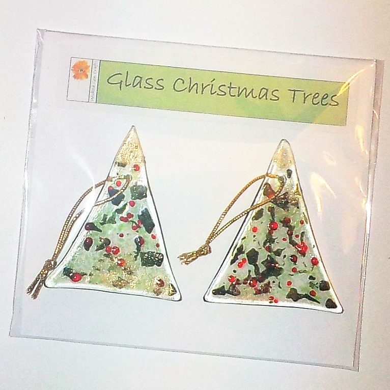 Pair of Fused Glass Christmas Trees - Green, red and gold