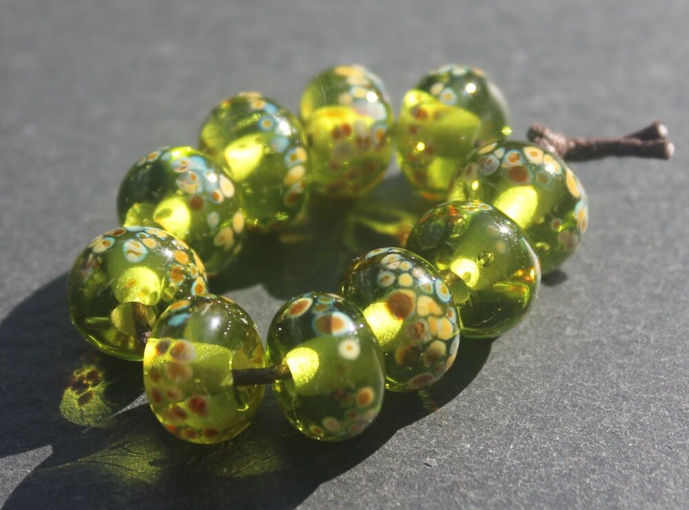 Transparent Olive Raku Lampwork Glass Beads