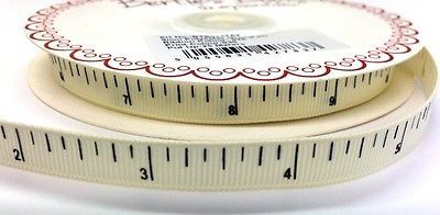 Bertie's Bows Ivory "Inches" Tape Measure Print 9mm Grosgrain Ribbon
