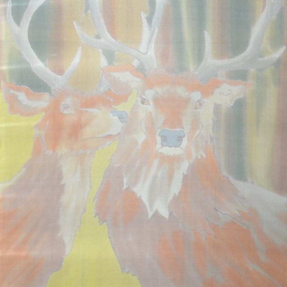 Hand painted silk scarf with a design of red deer