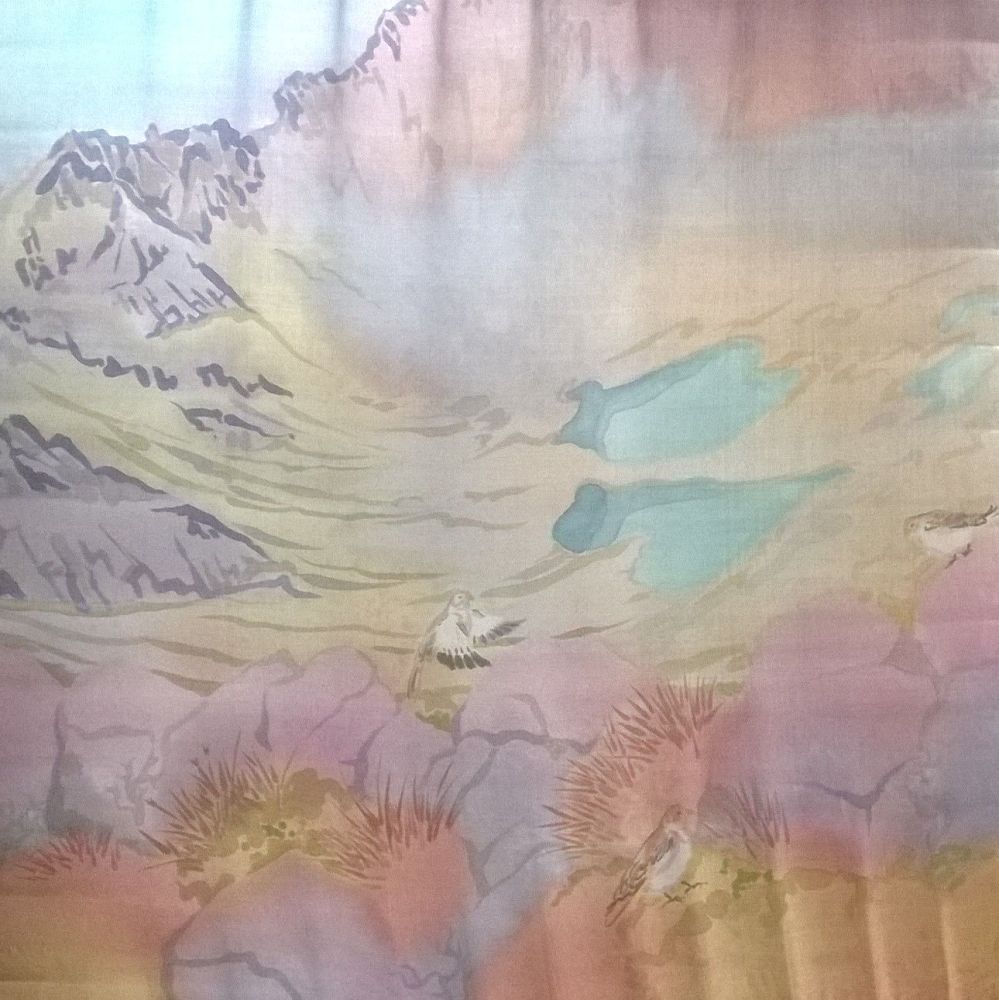 Hand painted silk square with a design of the cairngorm mountains and snow bunting