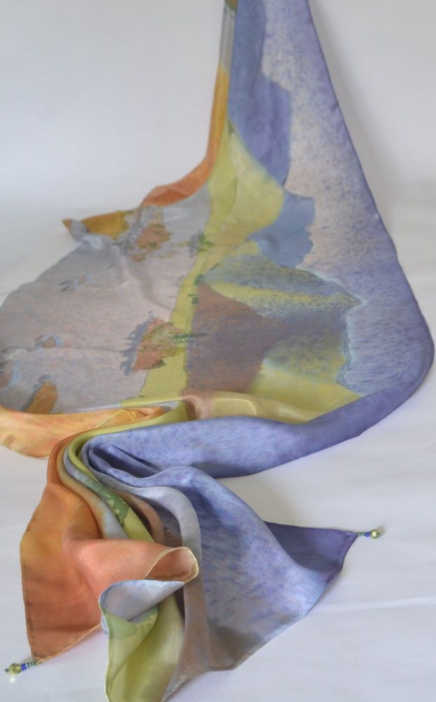 Hand painted silk scarf of Scottish landscape